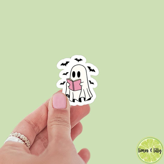 Ghost Reading Pink Book Bats Sticker | Water Bottle Sticker | Bookish Stickers | Kindle Stickers