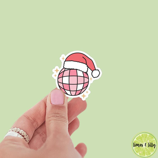 Santa Hat Pink Disco Ball Sticker | Christmas Sticker | Holiday Sticker | Kindle Stickers | Vinyl Sticker | Laptop