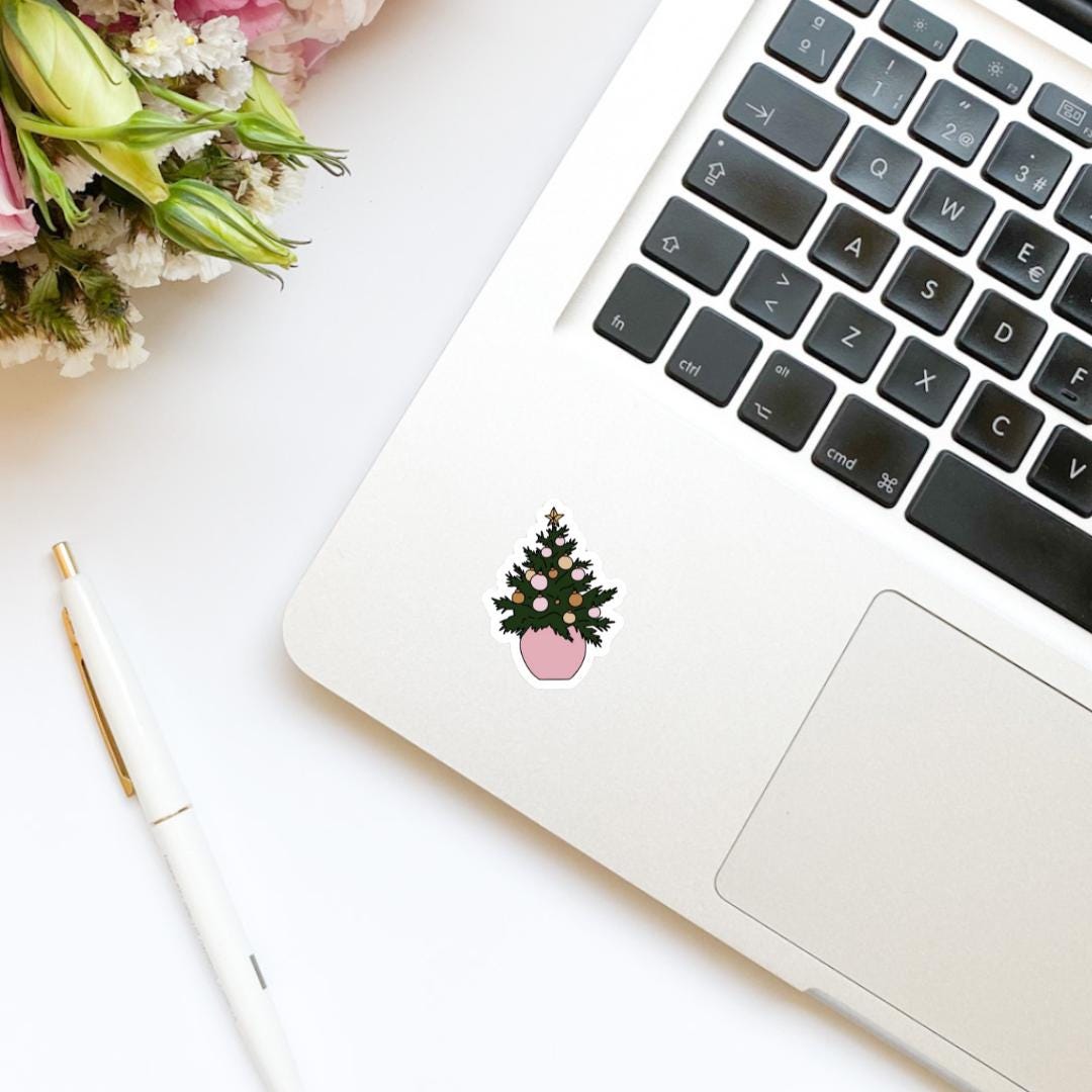 Pink Ornament Christmas Tree Plant Sticker | Christmas Sticker | Holiday Sticker | Kindle Stickers | Vinyl Sticker | Laptop