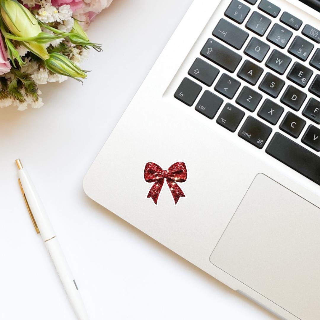 Christmas Holiday Red Sparkly Coquette Bow Sticker | Cute Sticker | Kindle Stickers | Vinyl Sticker | Laptop