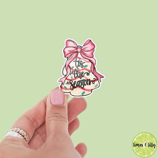 Tis the Season Christmas Snack Cake Pink Bow Girly Sticker | Christmas Sticker | Holiday Sticker | Kindle Stickers | Vinyl Sticker | Laptop