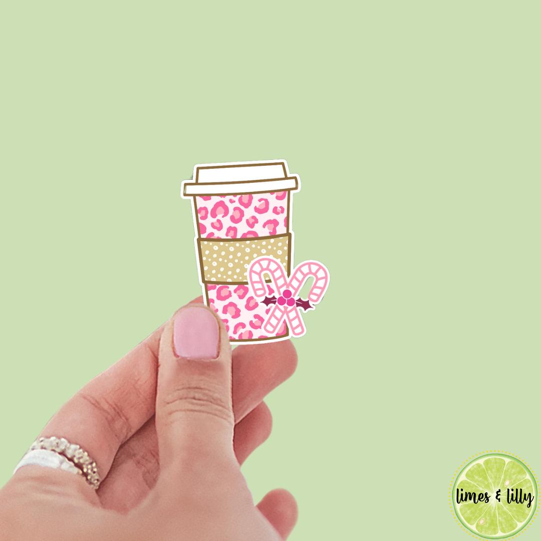 Pink Christmas Cheetah Coffee Cup Candy Cane Sticker | Christmas Sticker | Holiday Sticker | Kindle Stickers | Vinyl Sticker | Laptop