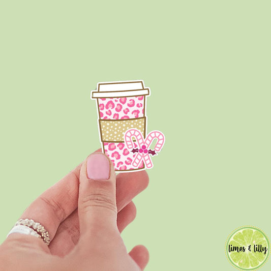 Pink Christmas Cheetah Coffee Cup Candy Cane Sticker | Christmas Sticker | Holiday Sticker | Kindle Stickers | Vinyl Sticker | Laptop