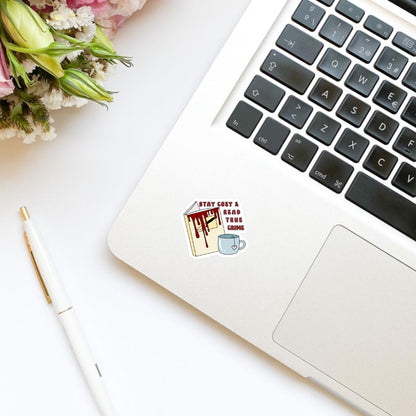 Stay Cozy and Read True Crime Coffee Cup Vinyl Sticker | Kindle Stickers | Bookish Stickers | Water Bottle Stickers | Laptop Stickers