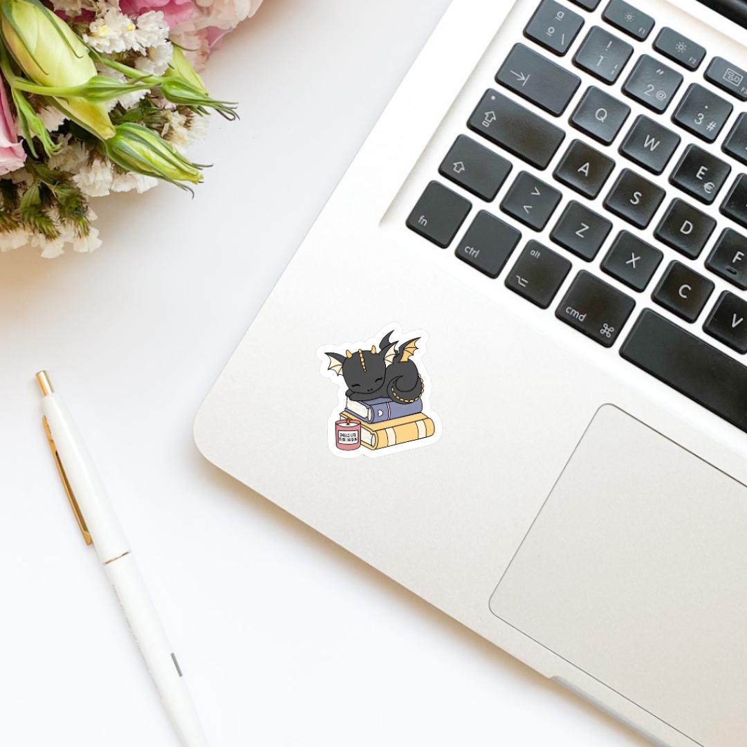 Black and Gold Cute Book Dragon Sleeping on Books Sticker | Book Inspired | Bookish Stickers | Kindle | Decal | Romantasy Book Merch