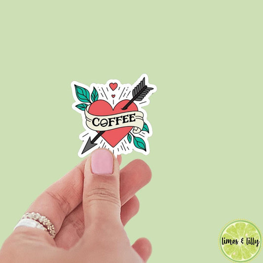 I Love Coffee Tattoo Inspired Vinyl Sticker, kindle stickers, laptop, bookish stickers, decal, water bottle,
