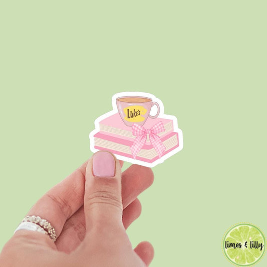 Luke’s Diner Coffee Cup Pink Bow Book Stack Coquette Vinyl Sticker | Gilmore Girls Vinyl Sticker | TV Show Inspired | Kindle Stickers