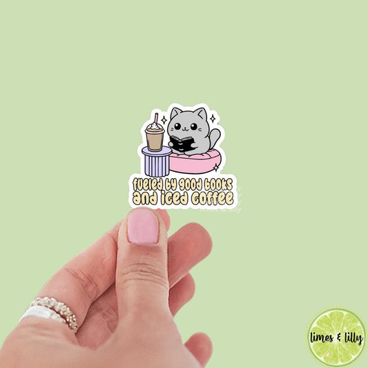 Fueled by Good Books and Iced Coffee Cat Book Reading Vinyl Sticker | Kindle Stickers | Bookish Stickers | Mood Reader