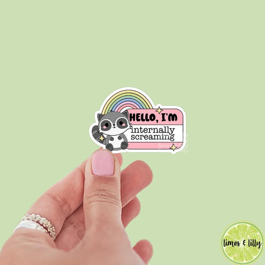 Hello I’m Internally Screaming Cute Racoon Name Tag Sticker | Kindle Stickers | Bookish Stickers | Funny Stickers | Trendy Stickers |