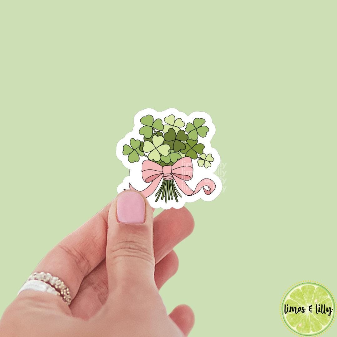 Lucky Green 4 Leaf Clover Shamrock Flower Bouquet Coquette Bow Vinyl Sticker | St. Patrick’s Day Sticker | Irish Sticker | Kindle Stickers |