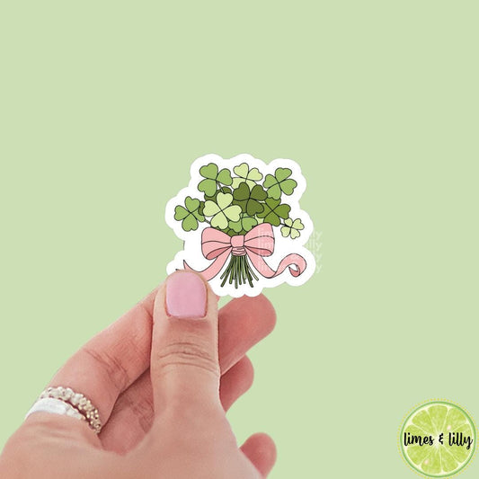 Lucky Green 4 Leaf Clover Shamrock Flower Bouquet Coquette Bow Vinyl Sticker | St. Patrick’s Day Sticker | Irish Sticker | Kindle Stickers |