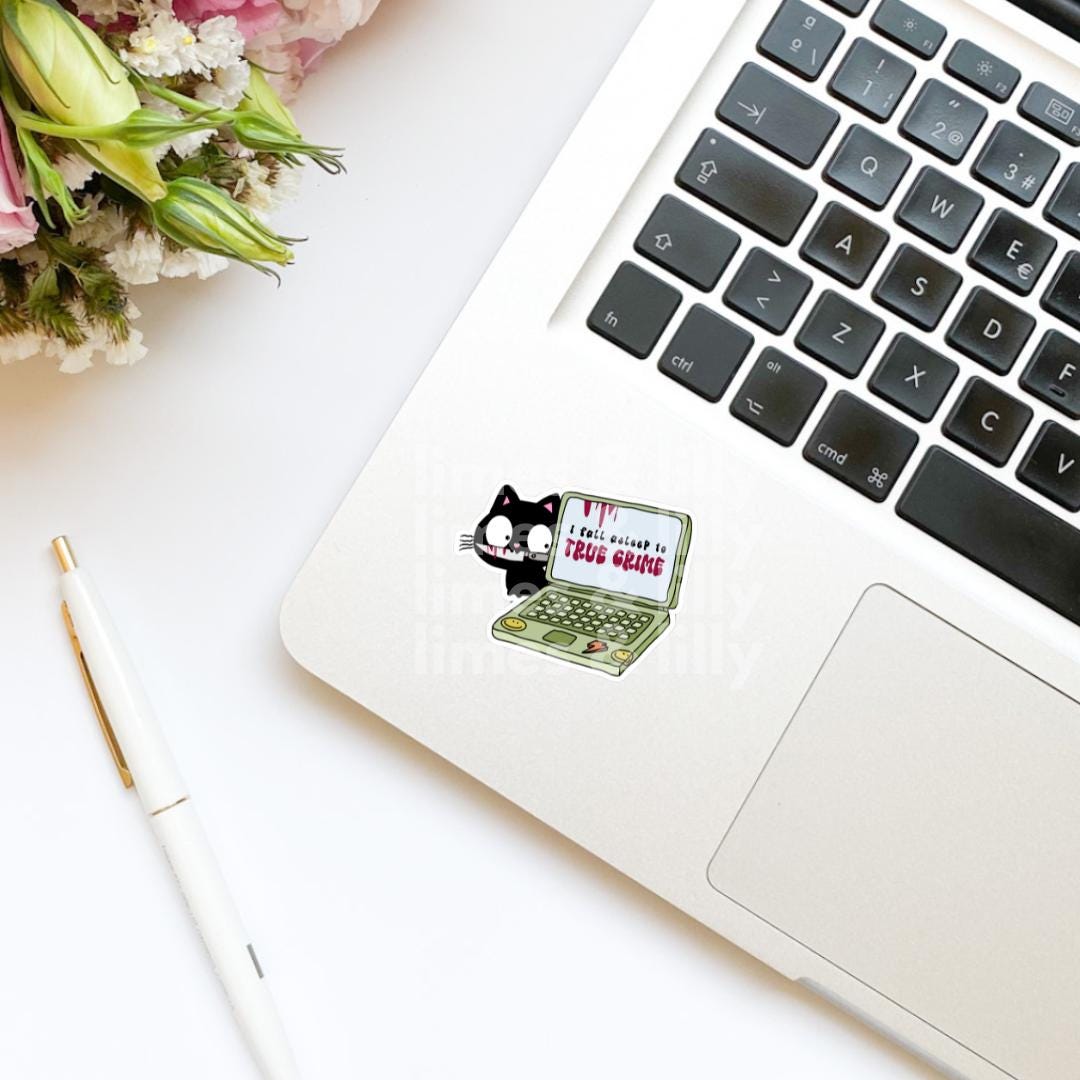 I Fall Asleep to True Crime Cat Laptop Vinyl Sticker | Kindle Stickers | Bookish Stickers | Water Bottle Stickers