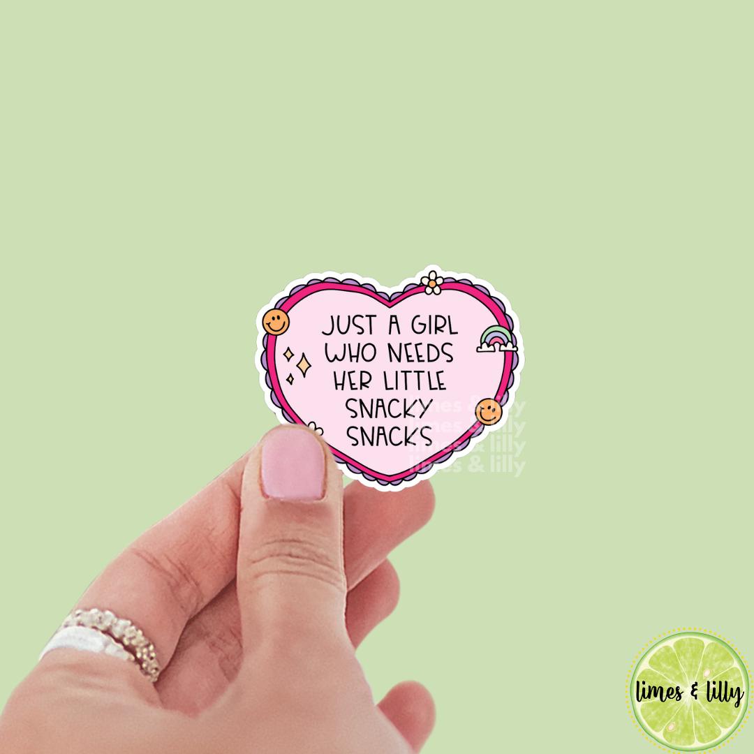 Just a Girl Who Needs Her Snacky Snacks Pink Heart Vinyl Sticker | Kindle Stickers | Bookish Stickers | Bookish Sticker | Mood Reader