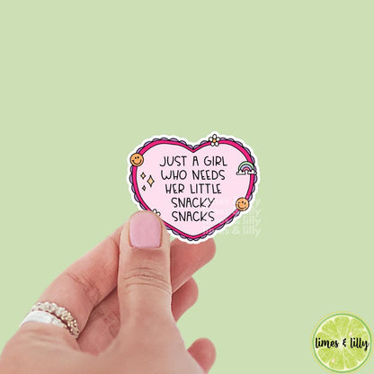 Just a Girl Who Needs Her Snacky Snacks Pink Heart Vinyl Sticker | Kindle Stickers | Bookish Stickers | Bookish Sticker | Mood Reader