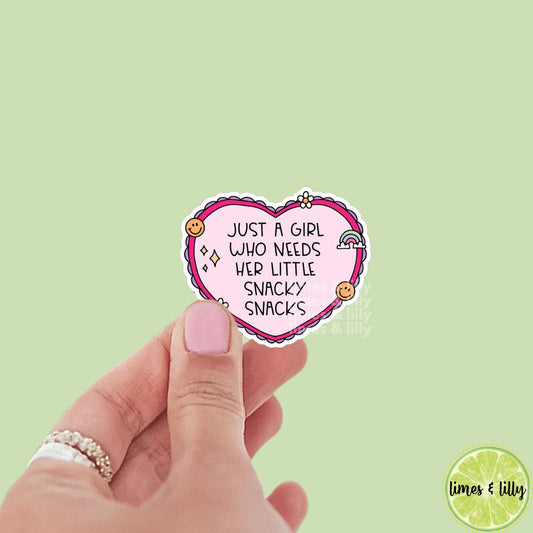 Just a Girl Who Needs Her Snacky Snacks Pink Heart Vinyl Sticker | Kindle Stickers | Bookish Stickers | Bookish Sticker | Mood Reader