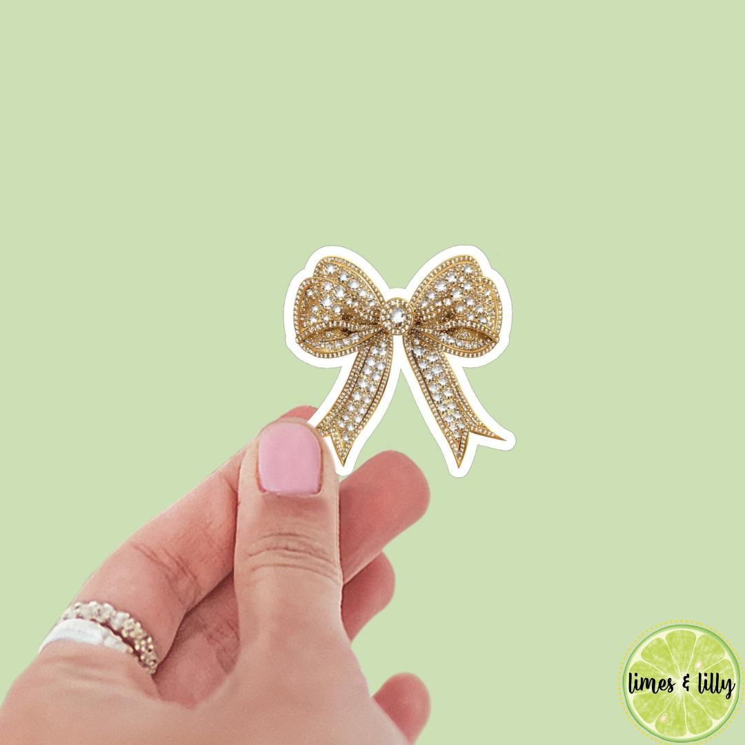 Coquette Gold Sparkly Diamonds Bow Vinyl Sticker | Girly Sticker | Kindle Stickers | Cute Stickers | Laptop | Water Bottle Sticker