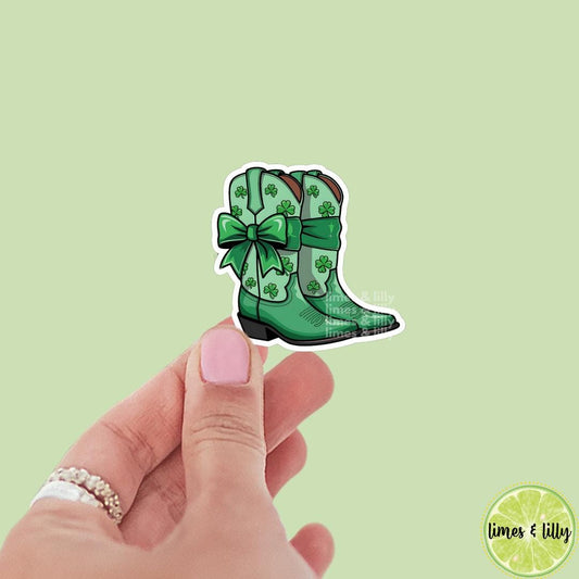 St. Patrick’s Day Cowgirl Boots Coquette Green Bow Vinyl Sticker | St. Patrick’s Day Sticker | Irish Sticker | Kindle Stickers | Shamrock