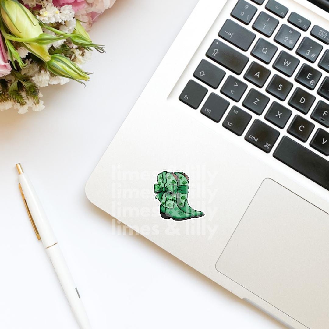 St. Patrick’s Day Cowgirl Boots Coquette Green Bow Vinyl Sticker | St. Patrick’s Day Sticker | Irish Sticker | Kindle Stickers | Shamrock