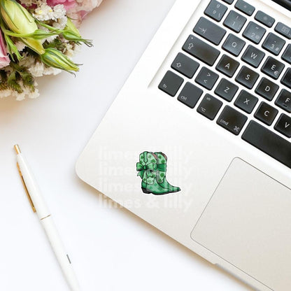 St. Patrick’s Day Cowgirl Boots Coquette Green Bow Vinyl Sticker | St. Patrick’s Day Sticker | Irish Sticker | Kindle Stickers | Shamrock