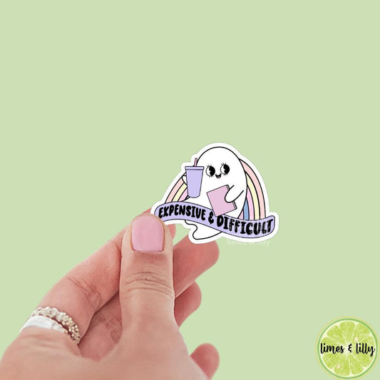 Expensive and Difficult Cute Ghost Book Reading Vinyl Sticker | Kindle Stickers | Bookish Stickers | Mood Reader