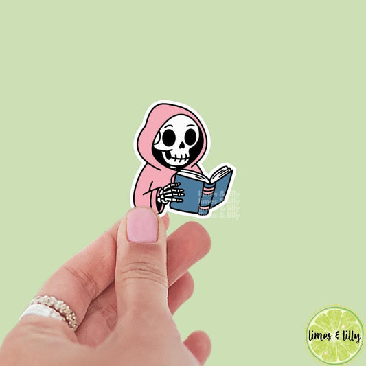 Skeleton Pink Hoodie Reading a Book Vinyl Sticker | Kindle Stickers | Bookish Stickers | Trendy Stickers