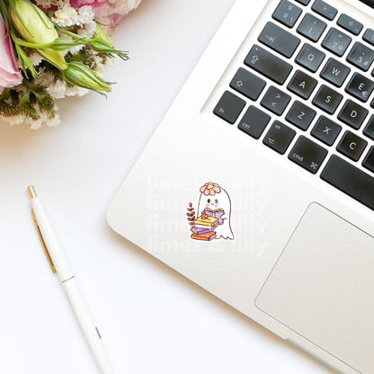 Ghost Reading a Book Floral Book Stack Vinyl Sticker | Water Bottle Sticker | Bookish Stickers | Kindle Stickers