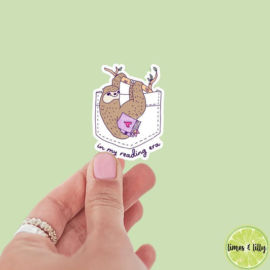 In My Reading Era Sloth Reading a Book Vinyl Sticker | Kindle Stickers | Book Club | Bookish Stickers | Cute Stickers | Animal Sticker