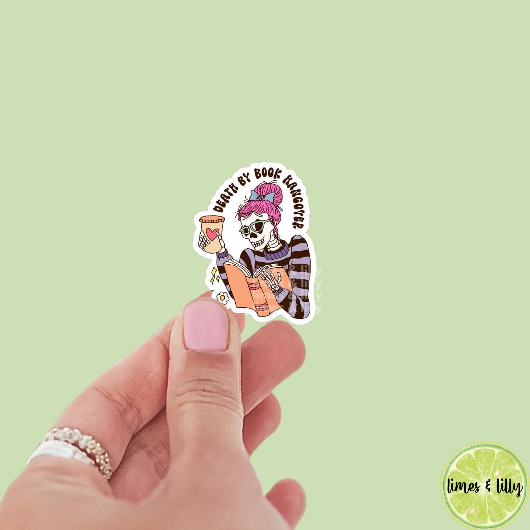 Death by Book Hangover Skeleton Reading Drinking Coffee Vinyl Sticker, book stickers, booktok, kindle stickers, bookish stickers,