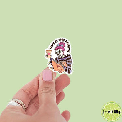 Death by Book Hangover Skeleton Reading Drinking Coffee Vinyl Sticker, book stickers, booktok, kindle stickers, bookish stickers,