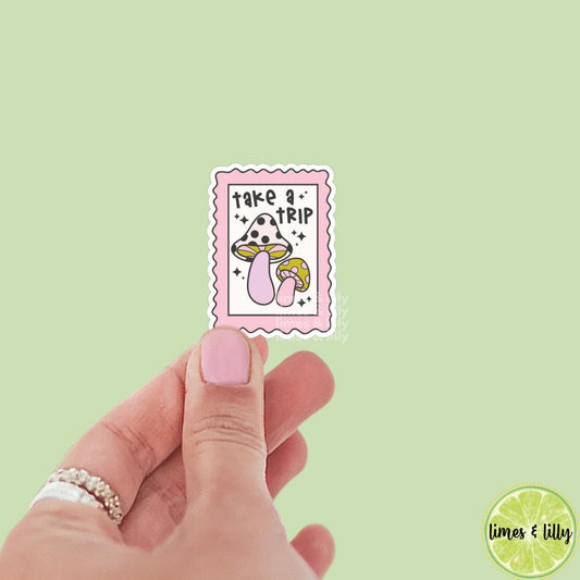 Take a Trip on Mushrooms Stamp Vinyl Sticker | Trendy Stickers | Funny Sticker | Kindle Stickers | Water Bottle Sticker |