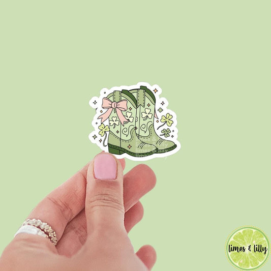 Lucky Coquette Green Cowboy Cowgirl Boots Clover Vinyl Sticker | St. Patrick’s Day Sticker | Irish Sticker | Kindle Stickers | Laptop |