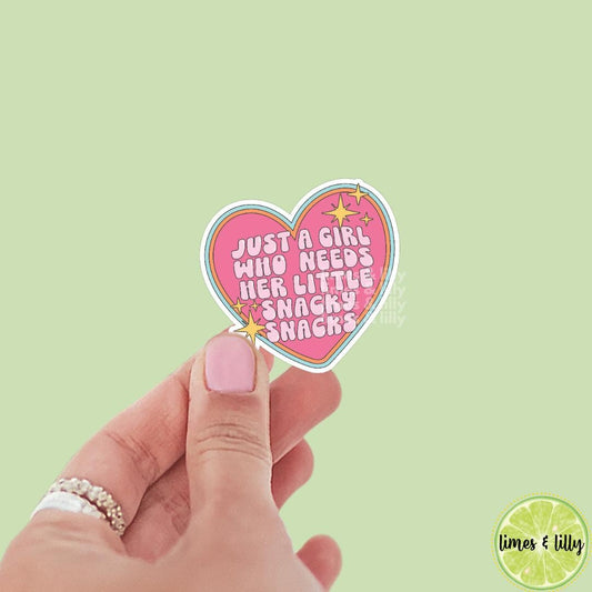 Just a Girl Who Needs Her Little Snacky Snacks Pink Heart Vinyl Sticker | Kindle Stickers | Bookish Stickers | Bookish Sticker | Mood Reader