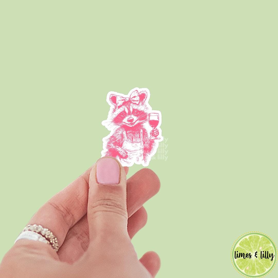 Pink Raccoon Drinking Wine Vinyl Sticker | Kindle Stickers | Bookish Stickers | Funny Stickers | Trendy Stickers