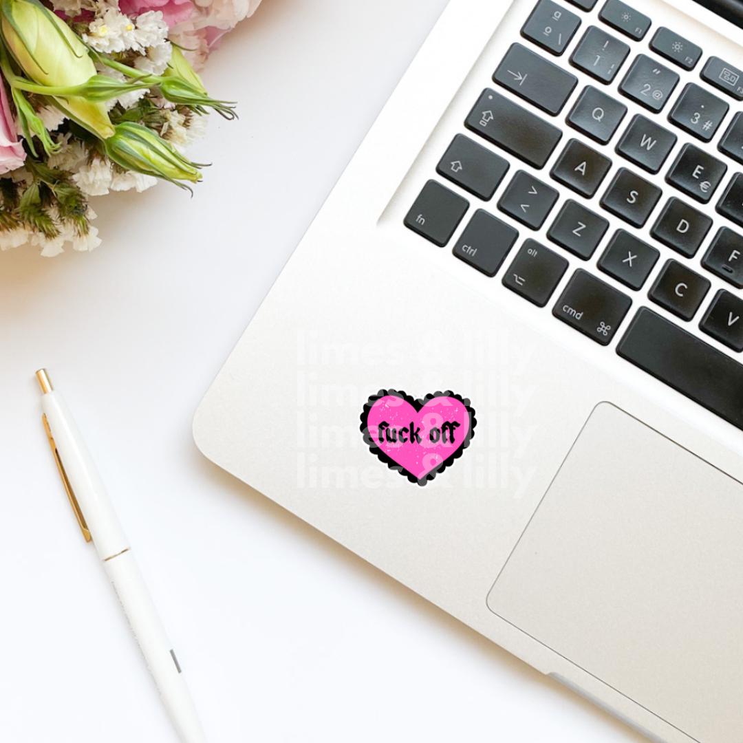 Fuck Off Scallop Pink and Black Heart Sticker | Kindle Stickers | Bookish Stickers | Water Bottle Sticker | Funny Sticker | Snarky Stickers