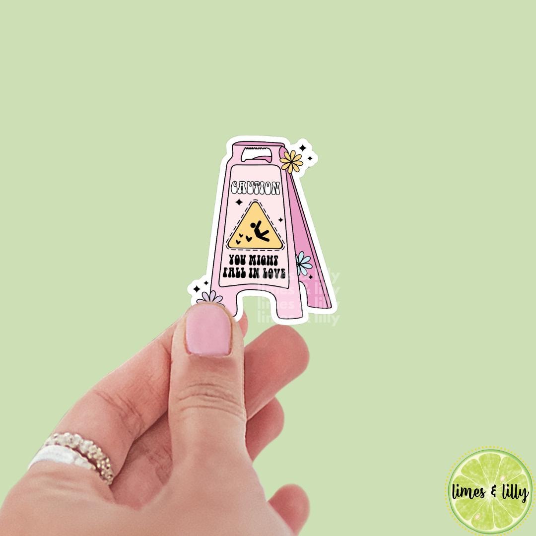 Pink Caution You Might Fall in Love Floor Sign Vinyl Sticker | Book Sticker | Bookish Stickers | Kindle Stickers | Trendy Stickers