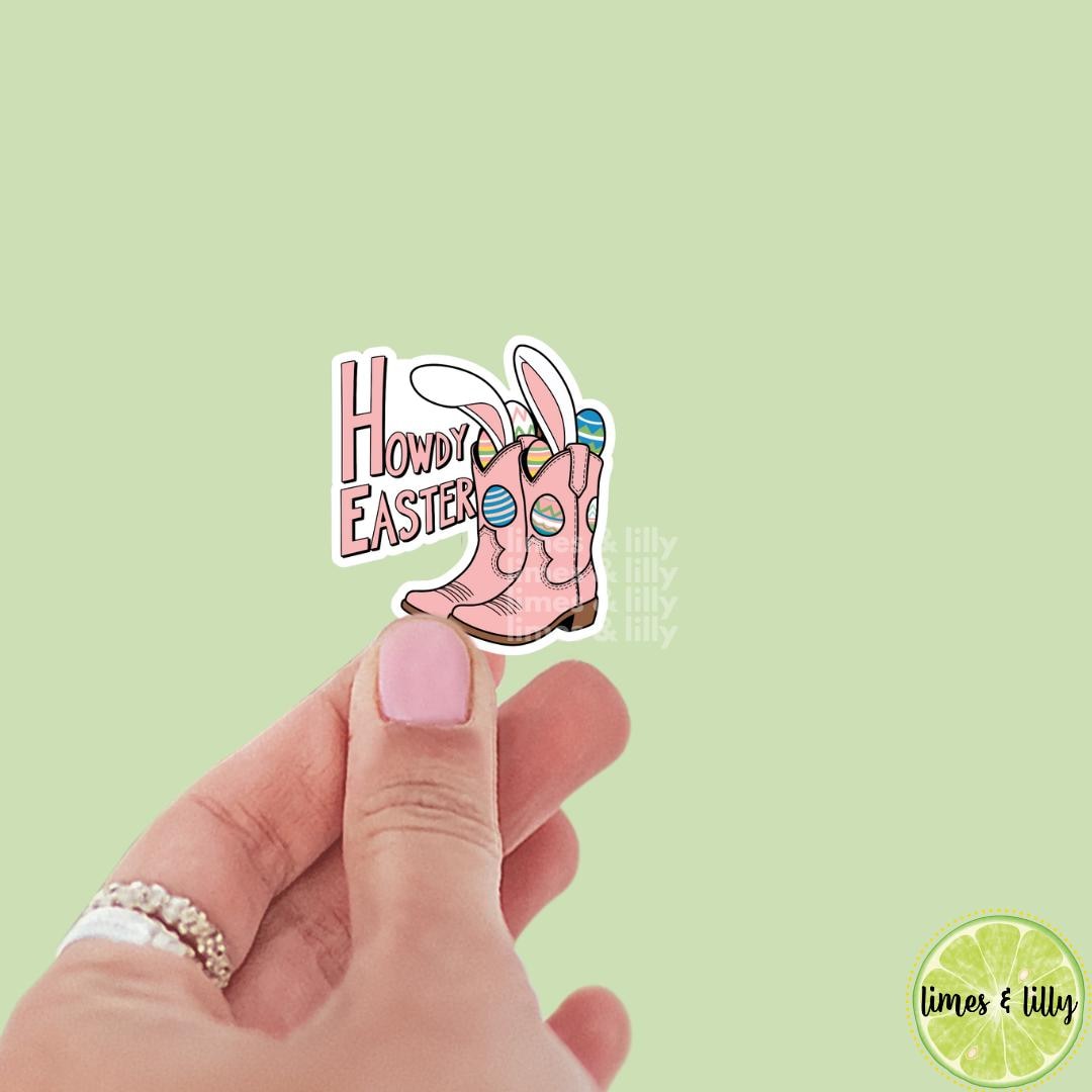 Howdy Easter Cowgirl Boots Bunny Ears Vinyl Sticker | Trendy Stickers | Cute Stickers | Kindle Stickers | Water Bottle Sticker