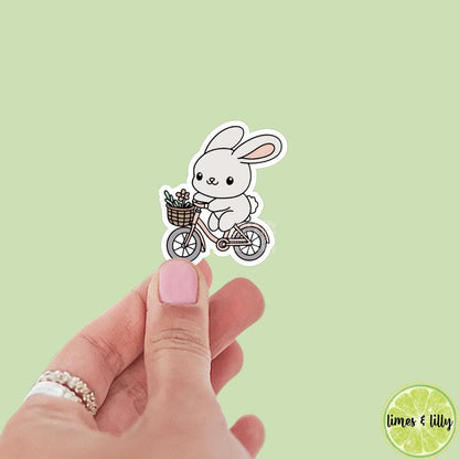 Easter Bunny Riding Bike with Flowers in Basket Vinyl Sticker | Girly Stickers | Kindle Stickers | Vinyl Sticker | Water Bottle Stickers