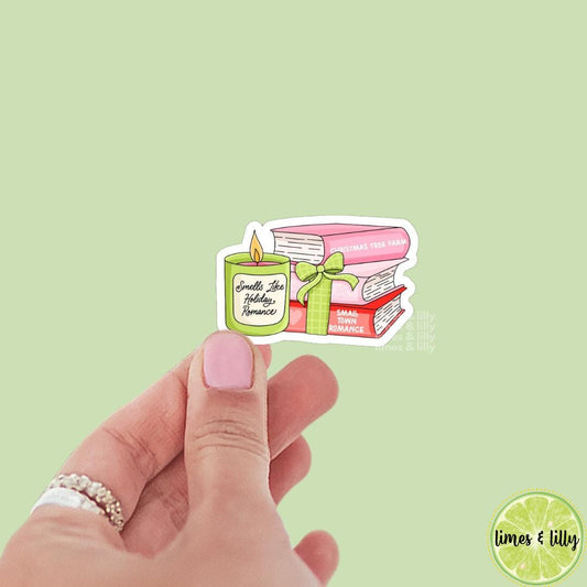 Smells Like Holiday Romance Candle Book Stack Vinyl Sticker | Girly | Water Bottle Sticker | Bookish Stickers | Kindle Sticker | Book Lover
