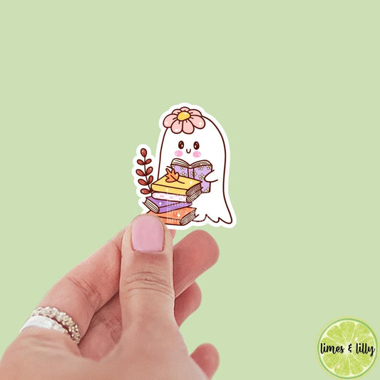 Ghost Reading a Book Floral Book Stack Vinyl Sticker | Water Bottle Sticker | Bookish Stickers | Kindle Stickers