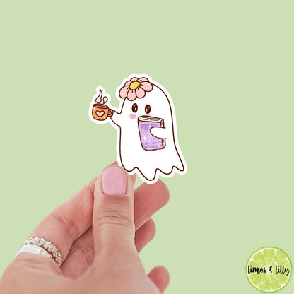 Ghost Reading a Book with Cup of Coffee Vinyl Sticker | Water Bottle Sticker | Bookish Stickers | Kindle Stickers