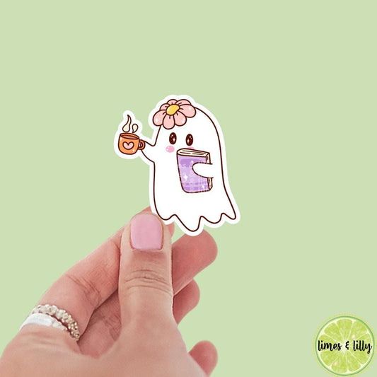 Ghost Reading a Book with Cup of Coffee Vinyl Sticker | Water Bottle Sticker | Bookish Stickers | Kindle Stickers