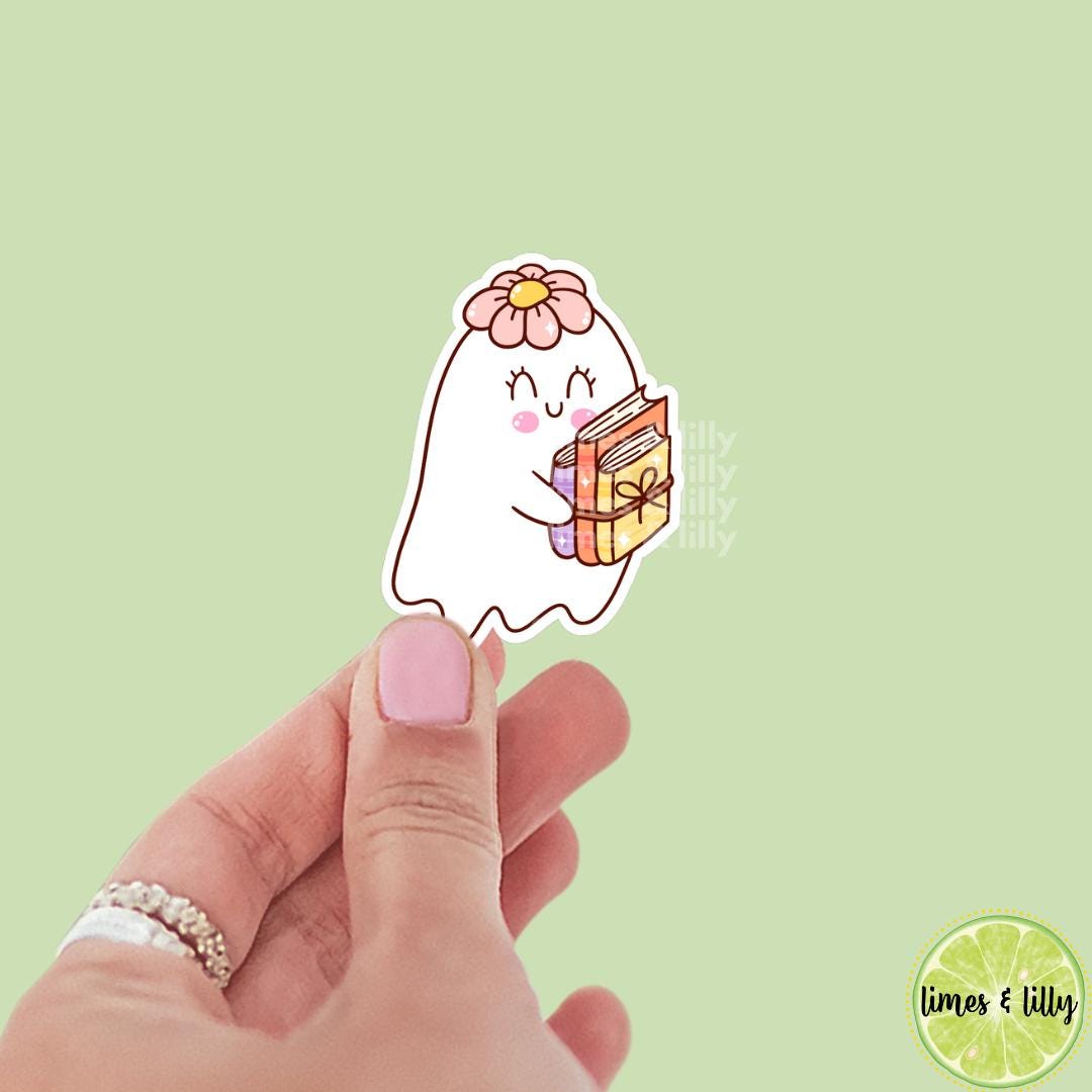 Cute Ghost Holding Books Floral Hat Vinyl Sticker | Water Bottle Sticker | Bookish Stickers | Kindle Stickers