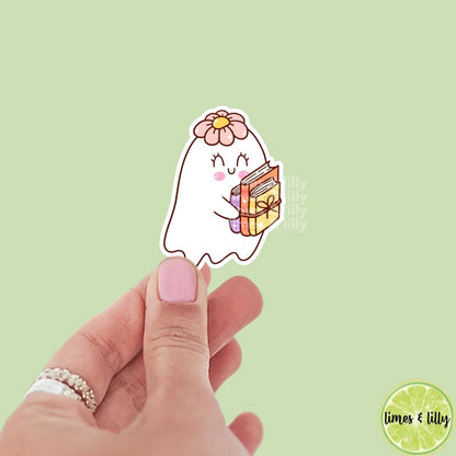 Cute Ghost Holding Books Floral Hat Vinyl Sticker | Water Bottle Sticker | Bookish Stickers | Kindle Stickers