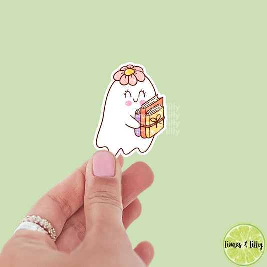 Cute Ghost Holding Books Floral Hat Vinyl Sticker | Water Bottle Sticker | Bookish Stickers | Kindle Stickers
