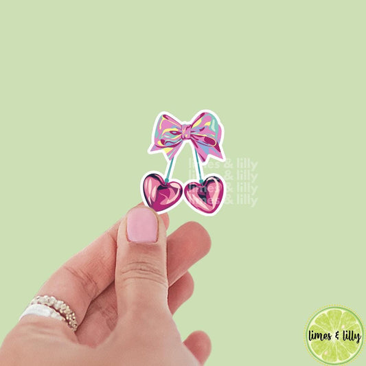 Coquette Cherry Iridescent Bow Vinyl Sticker | Girly Sticker | Cute Sticker | Kindle Stickers | Bookish Stickers | Cute Stickers
