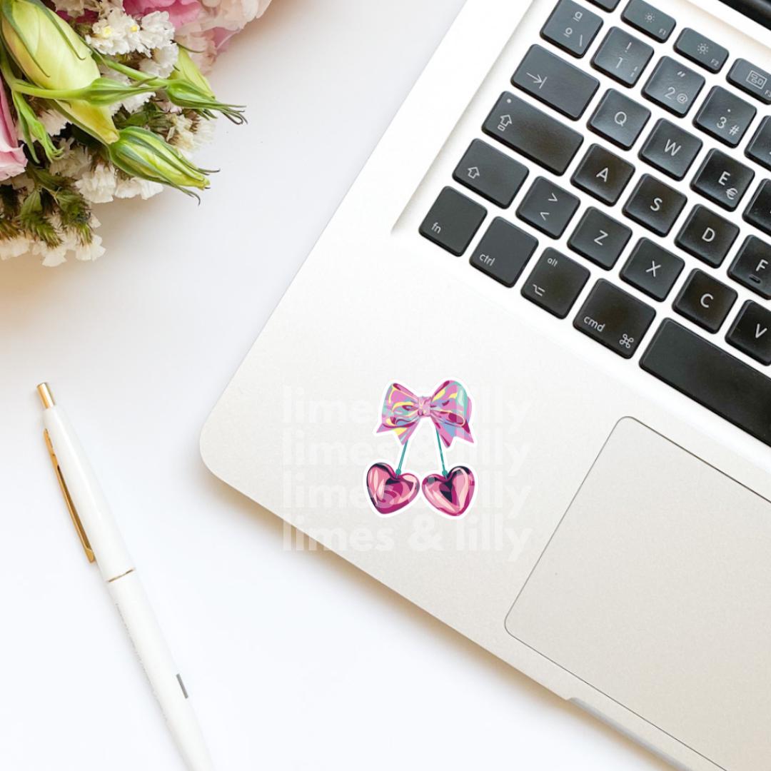 Coquette Cherry Iridescent Bow Vinyl Sticker | Girly Sticker | Cute Sticker | Kindle Stickers | Bookish Stickers | Cute Stickers