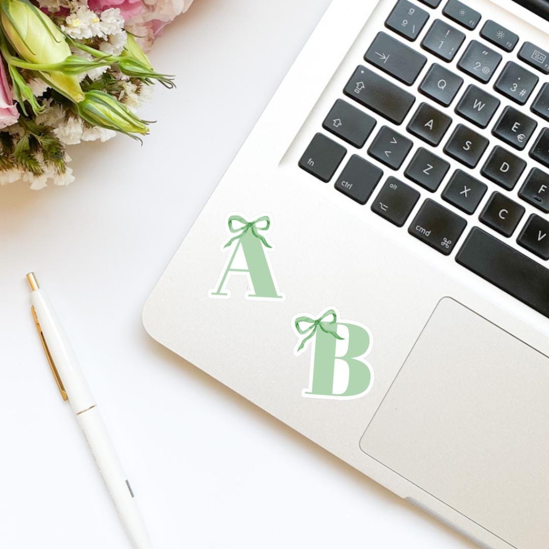 Custom Monogram Initial Letter Coquette Green Bow Vinyl Sticker | Girly Sticker | Kindle Stickers | Cute Stickers | Water Bottle Sticker |