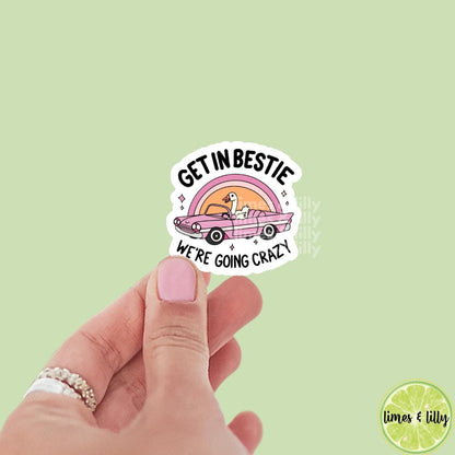 Get In Bestie We’re Going Crazy Silly Goose Driving Car Vinyl Sticker | Trendy Sticker | Kindle Stickers | Mental Health Stickers | Die Cut