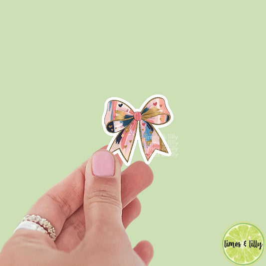 Coquette Spring Watercolor Hearts Print Bow Vinyl Sticker | Girly Sticker | Kindle Stickers | Cute Stickers | Water Bottle Sticker