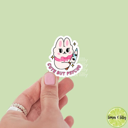 Cute But Psycho Holding Knife Bunny Vinyl Sticker | Kindle Stickers | Funny Stickers | Water Bottle Sticker